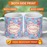 Personalized Custom Name Cute Strawberry Milkshake Cupcake Blue Background Seamless Pattern 11oz Ceramic Coffee Tea Mug White Large Handle