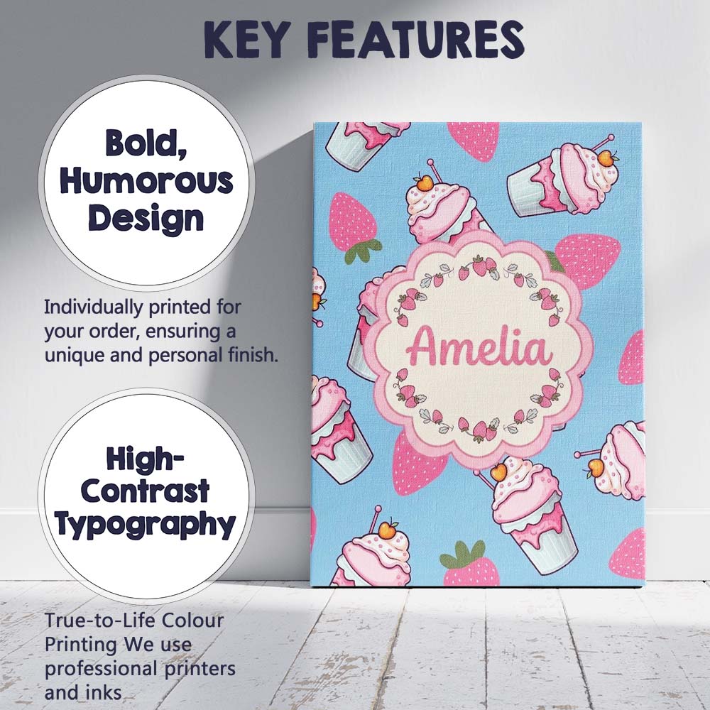 Personalised Name Cute Strawberry Milkshake Custom  Bespoke Interior Contemporary Canvas Wall Art Print Decor Picture Ready to Hang