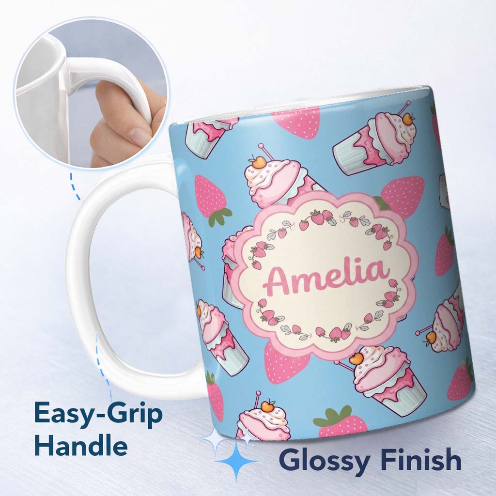 Personalized Custom Name Cute Strawberry Milkshake Cupcake Blue Background Seamless Pattern 11oz Ceramic Coffee Tea Mug White Large Handle