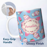 Personalized Custom Name Cute Strawberry Milkshake Cupcake Blue Background Seamless Pattern 11oz Ceramic Coffee Tea Mug White Large Handle