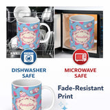 Personalized Custom Name Cute Strawberry Milkshake Cupcake Blue Background Seamless Pattern 11oz Ceramic Coffee Tea Mug White Large Handle