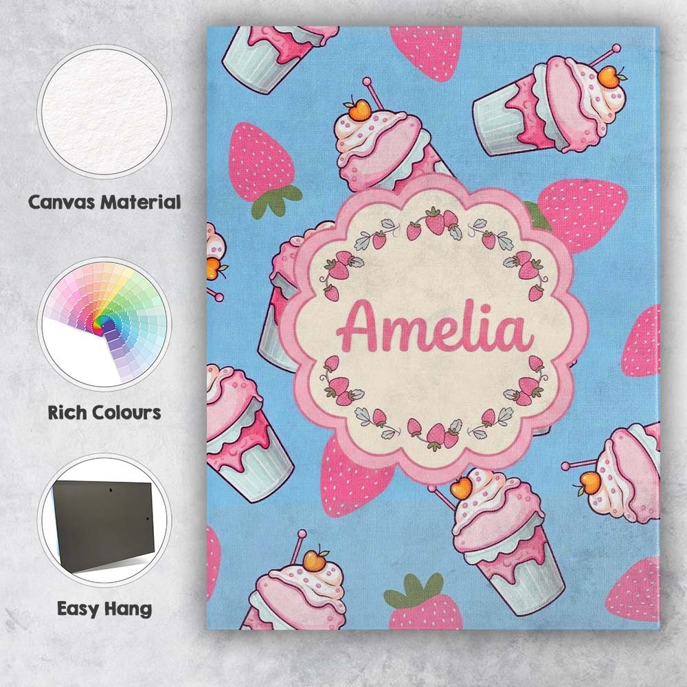 Personalised Name Cute Strawberry Milkshake Custom  Bespoke Interior Contemporary Canvas Wall Art Print Decor Picture Ready to Hang