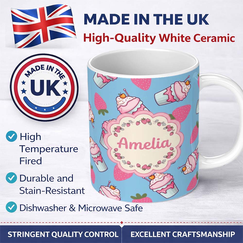 Personalized Custom Name Cute Strawberry Milkshake Cupcake Blue Background Seamless Pattern 11oz Ceramic Coffee Tea Mug White Large Handle