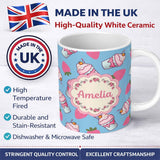 Personalized Custom Name Cute Strawberry Milkshake Cupcake Blue Background Seamless Pattern 11oz Ceramic Coffee Tea Mug White Large Handle