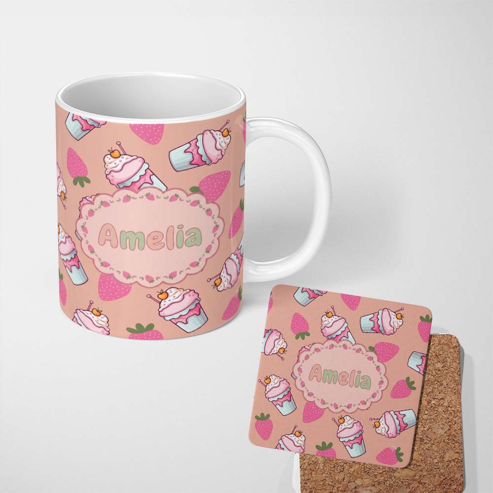 Personalized Custom Name Cute Strawberry Milkshake Cupcake Peach Background Seamless Pattern 11oz Ceramic Coffee Tea Mug White Large Handle