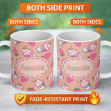 Personalized Custom Name Cute Strawberry Milkshake Cupcake Peach Background Seamless Pattern 11oz Ceramic Coffee Tea Mug White Large Handle