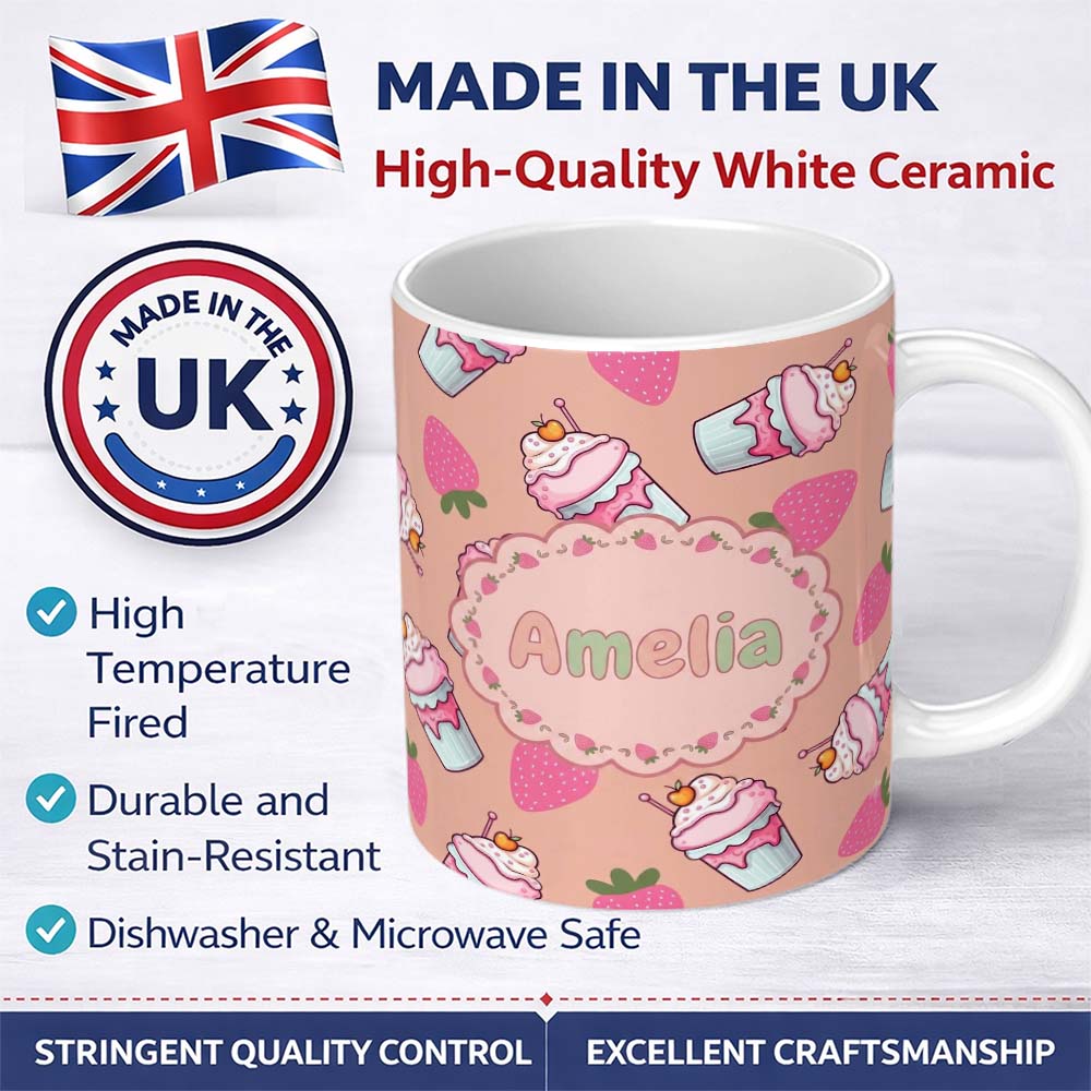 Personalized Custom Name Cute Strawberry Milkshake Cupcake Peach Background Seamless Pattern 11oz Ceramic Coffee Tea Mug White Large Handle
