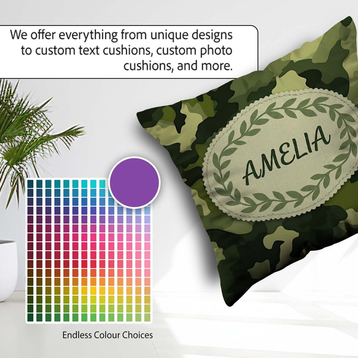 Custom Name Rich Woodland Green Camouflage Seamless Pattern Cup Square Filled Cushion Throw Pillow Sofa Bed Home Decor Zip Washable UK Made