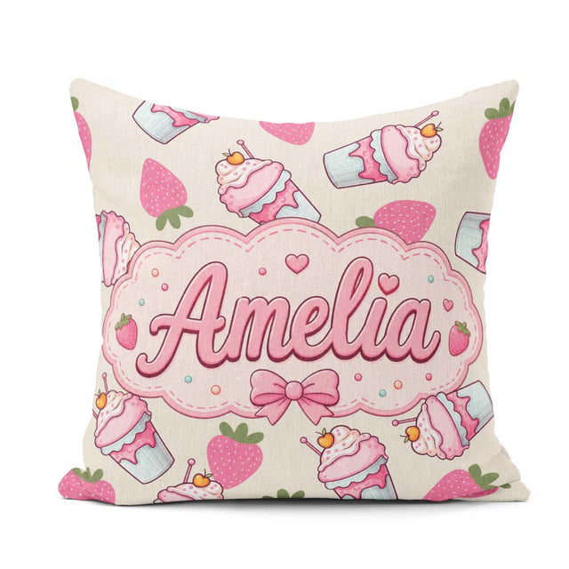 Custom Name Strawberry Cupcake Cream Background Seamless Pattern Square Filled Cushion Throw Pillow Sofa Bed Home Decor Zip Washable UK Made