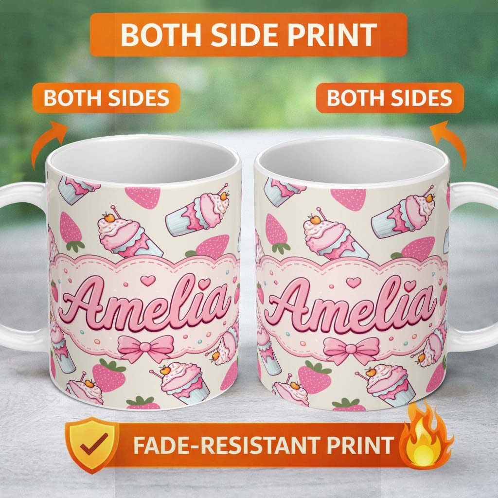 Personalized Custom Name Cute Strawberry Milkshake Cupcake Cream Background Seamless Pattern 11oz Ceramic Coffee Tea Mug White Large Handle