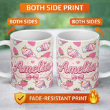 Personalized Custom Name Cute Strawberry Milkshake Cupcake Cream Background Seamless Pattern 11oz Ceramic Coffee Tea Mug White Large Handle