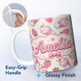 Personalized Custom Name Cute Strawberry Milkshake Cupcake Cream Background Seamless Pattern 11oz Ceramic Coffee Tea Mug White Large Handle