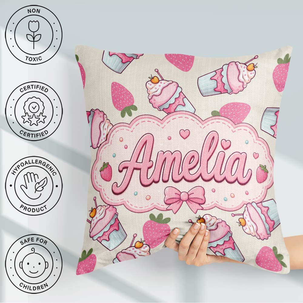 Custom Name Strawberry Cupcake Cream Background Seamless Pattern Square Filled Cushion Throw Pillow Sofa Bed Home Decor Zip Washable UK Made