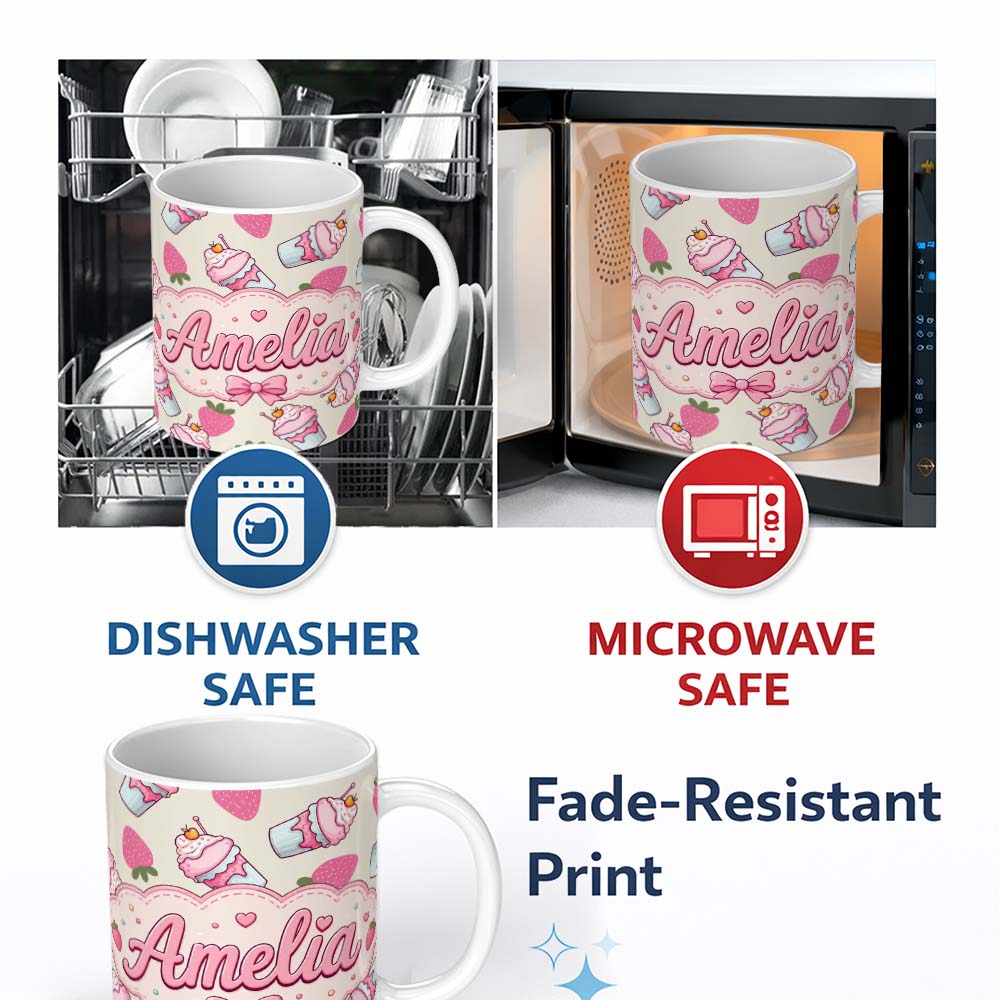 Personalized Custom Name Cute Strawberry Milkshake Cupcake Cream Background Seamless Pattern 11oz Ceramic Coffee Tea Mug White Large Handle