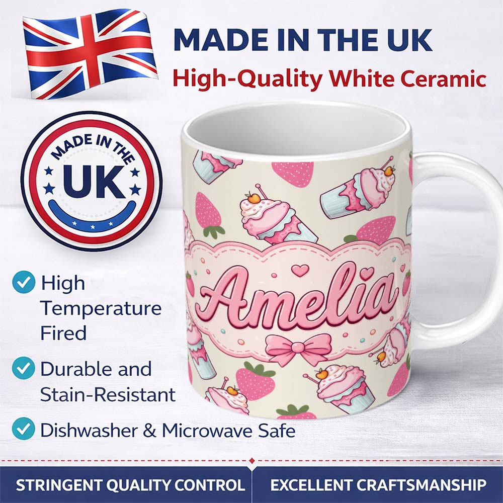 Personalized Custom Name Cute Strawberry Milkshake Cupcake Cream Background Seamless Pattern 11oz Ceramic Coffee Tea Mug White Large Handle