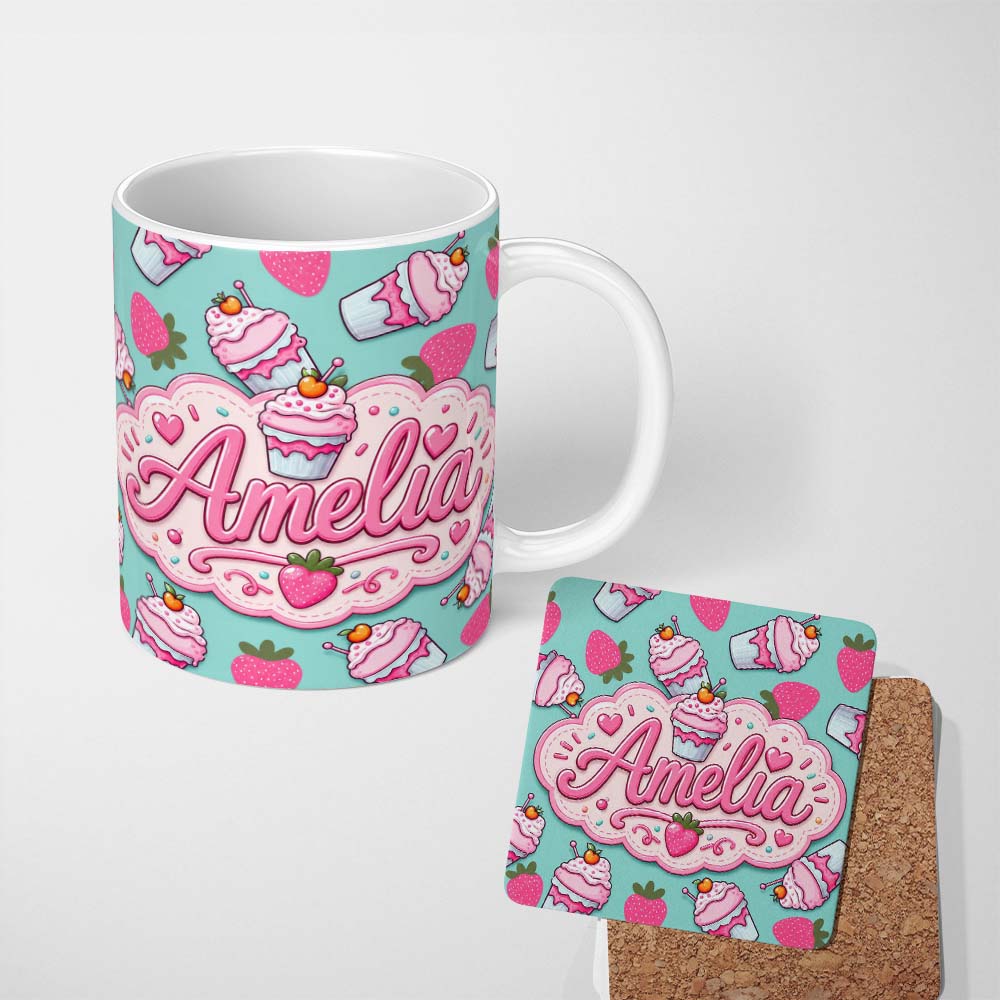 Personalized Custom Name Cute Strawberry Milkshake Cupcake Mint Background Seamless Pattern 11oz Ceramic Coffee Tea Mug White Large Handle