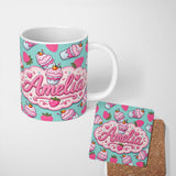 Personalized Custom Name Cute Strawberry Milkshake Cupcake Mint Background Seamless Pattern 11oz Ceramic Coffee Tea Mug White Large Handle