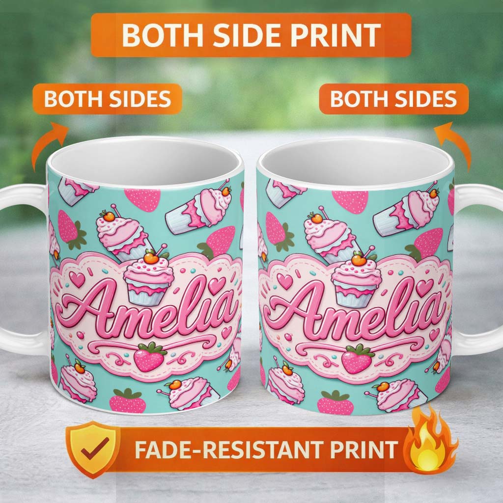 Personalized Custom Name Cute Strawberry Milkshake Cupcake Mint Background Seamless Pattern 11oz Ceramic Coffee Tea Mug White Large Handle