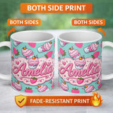 Personalized Custom Name Cute Strawberry Milkshake Cupcake Mint Background Seamless Pattern 11oz Ceramic Coffee Tea Mug White Large Handle