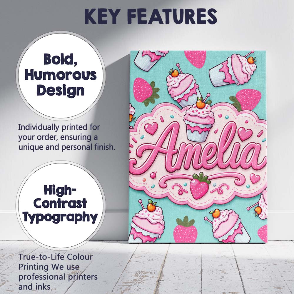Personalised Name Cute Strawberry Milkshake Custom  Bespoke Interior Contemporary Canvas Wall Art Print Decor Picture Ready to Hang