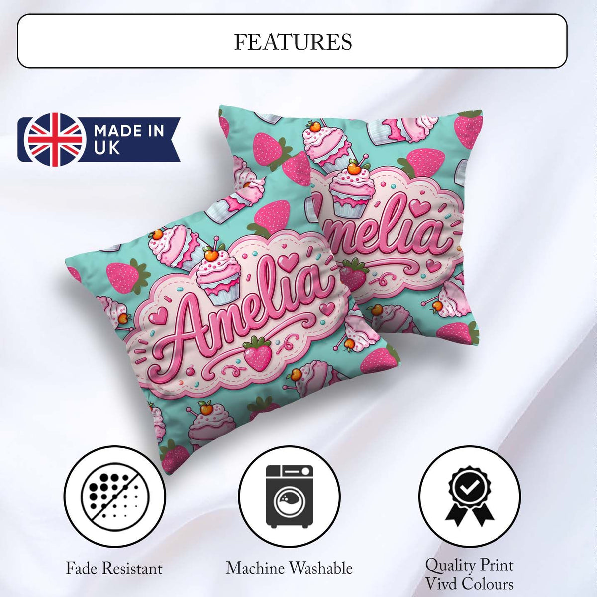 Custom Name Strawberry Milkshake Cupcake Mint Background Pattern Square Filled Cushion Throw Pillow Sofa Bed Home Decor Zip Washable UK Made