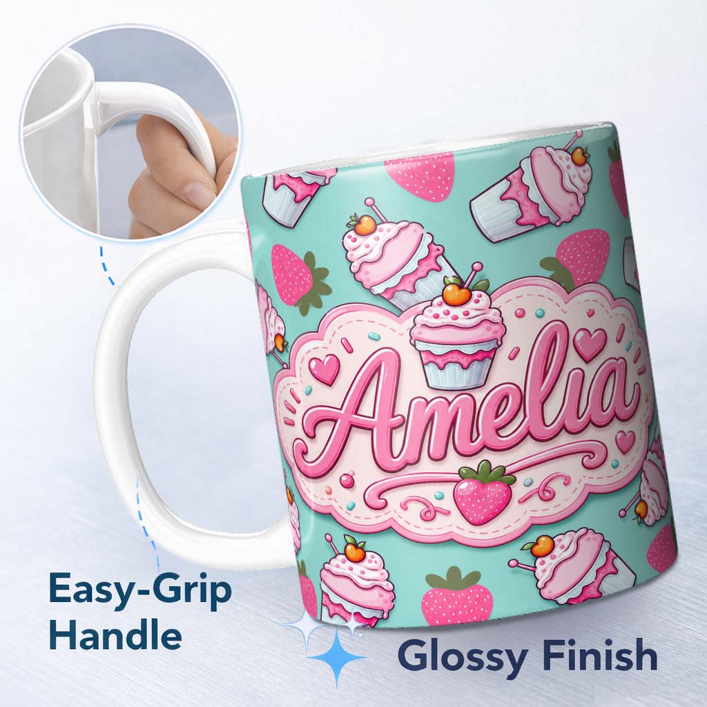 Personalized Custom Name Cute Strawberry Milkshake Cupcake Mint Background Seamless Pattern 11oz Ceramic Coffee Tea Mug White Large Handle