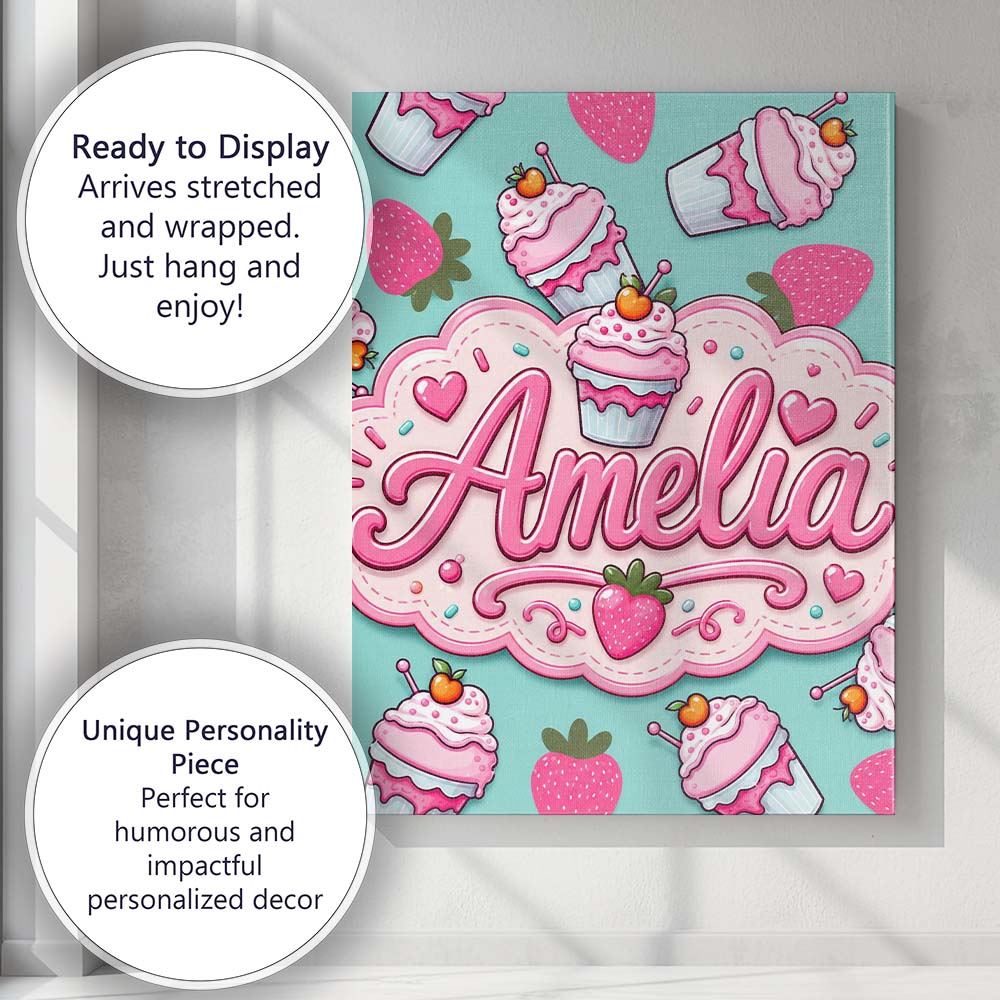 Personalised Name Cute Strawberry Milkshake Custom  Bespoke Interior Contemporary Canvas Wall Art Print Decor Picture Ready to Hang