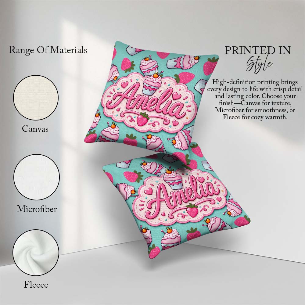 Custom Name Strawberry Milkshake Cupcake Mint Background Pattern Square Filled Cushion Throw Pillow Sofa Bed Home Decor Zip Washable UK Made