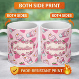 Personalized Custom Name Cute Strawberry Milkshake Cupcake Blush Pink Background Seamless 11oz Ceramic Coffee Tea Mug White Large Handle