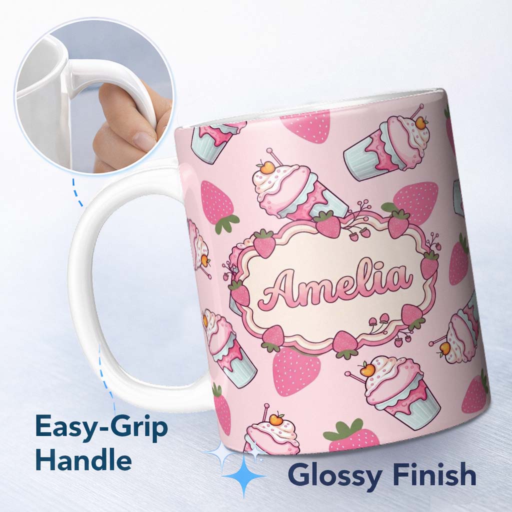 Personalized Custom Name Cute Strawberry Milkshake Cupcake Blush Pink Background Seamless 11oz Ceramic Coffee Tea Mug White Large Handle