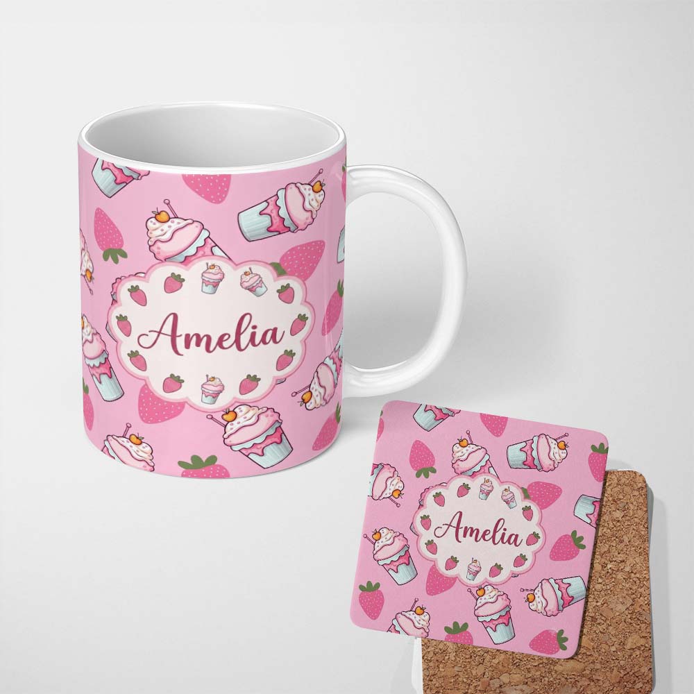 Personalized Custom Name Cute Strawberry Milkshake Cupcake Soft Pink Background Seamless 11oz Ceramic Coffee Tea Mug White Large Handle