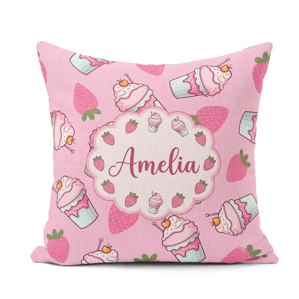Custom Name Cute Strawberry Milkshake Cupcake Soft Pink Seamless Square Filled Cushion Throw Pillow Sofa Bed Home Decor Zip Washable UK Made