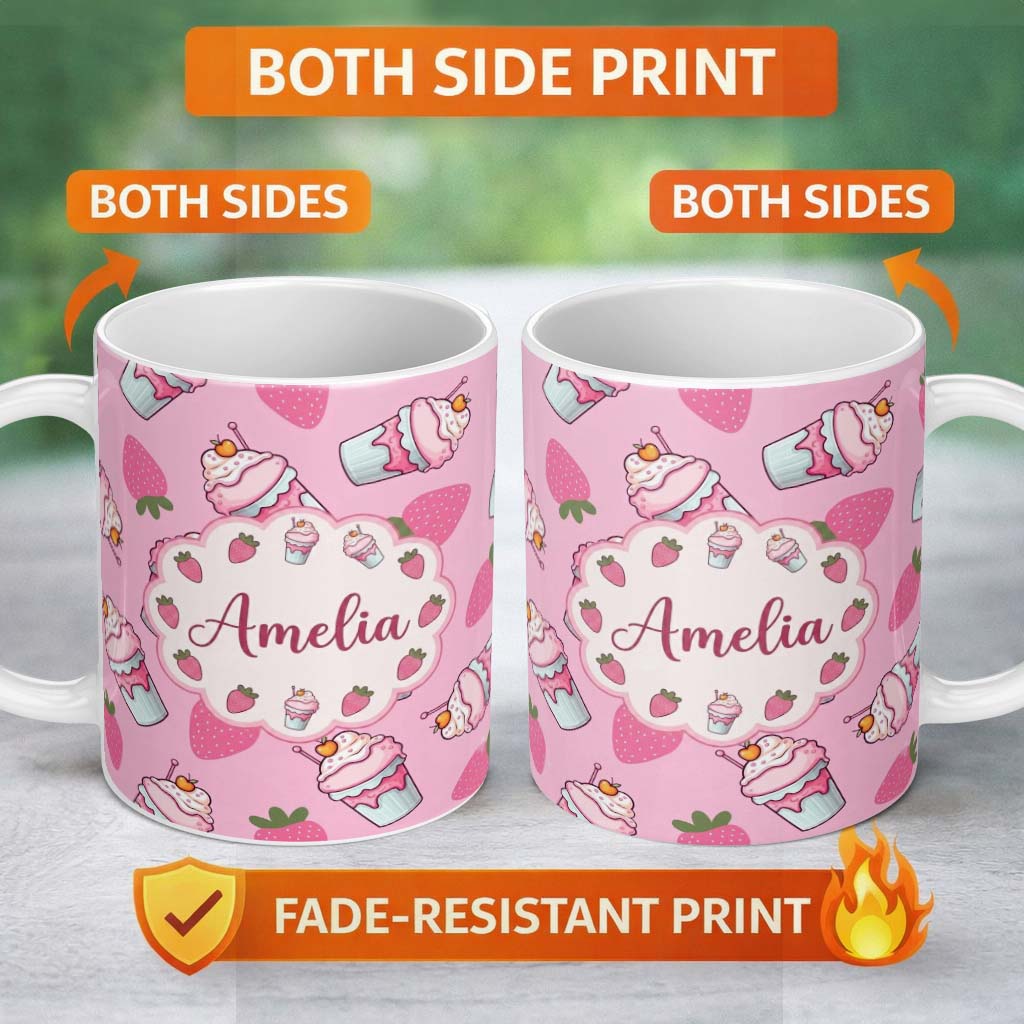 Personalized Custom Name Cute Strawberry Milkshake Cupcake Soft Pink Background Seamless 11oz Ceramic Coffee Tea Mug White Large Handle
