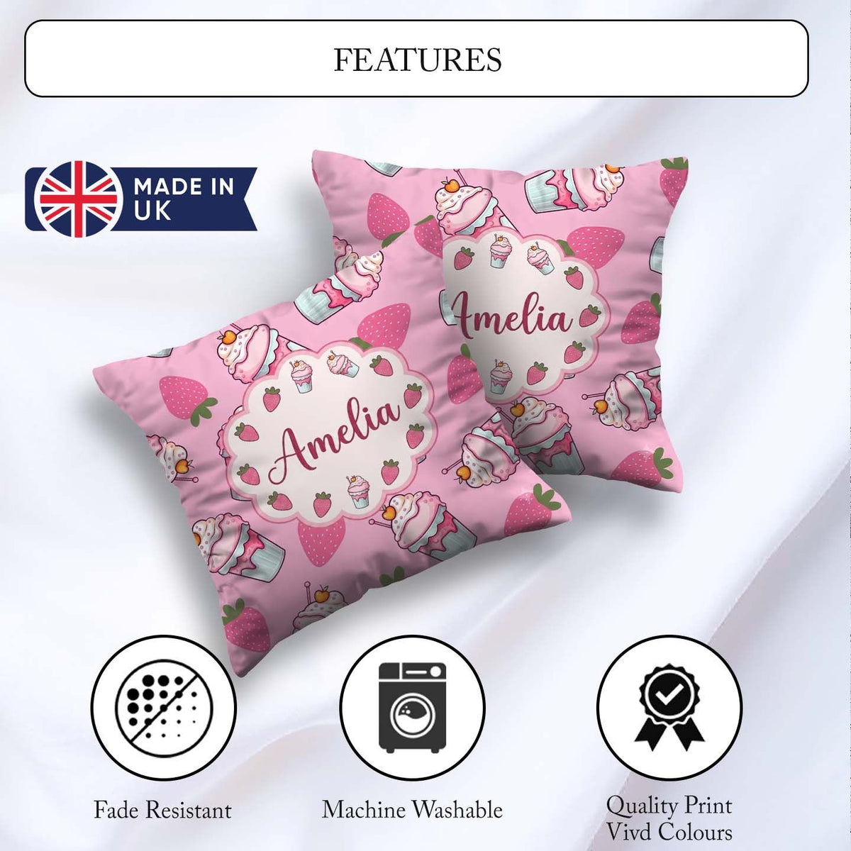 Custom Name Cute Strawberry Milkshake Cupcake Soft Pink Seamless Square Filled Cushion Throw Pillow Sofa Bed Home Decor Zip Washable UK Made