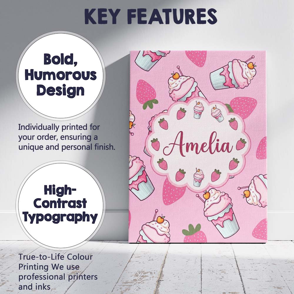 Personalised Name Cute Strawberry Milkshake Custom  Bespoke Interior Contemporary Canvas Wall Art Print Decor Picture Ready to Hang