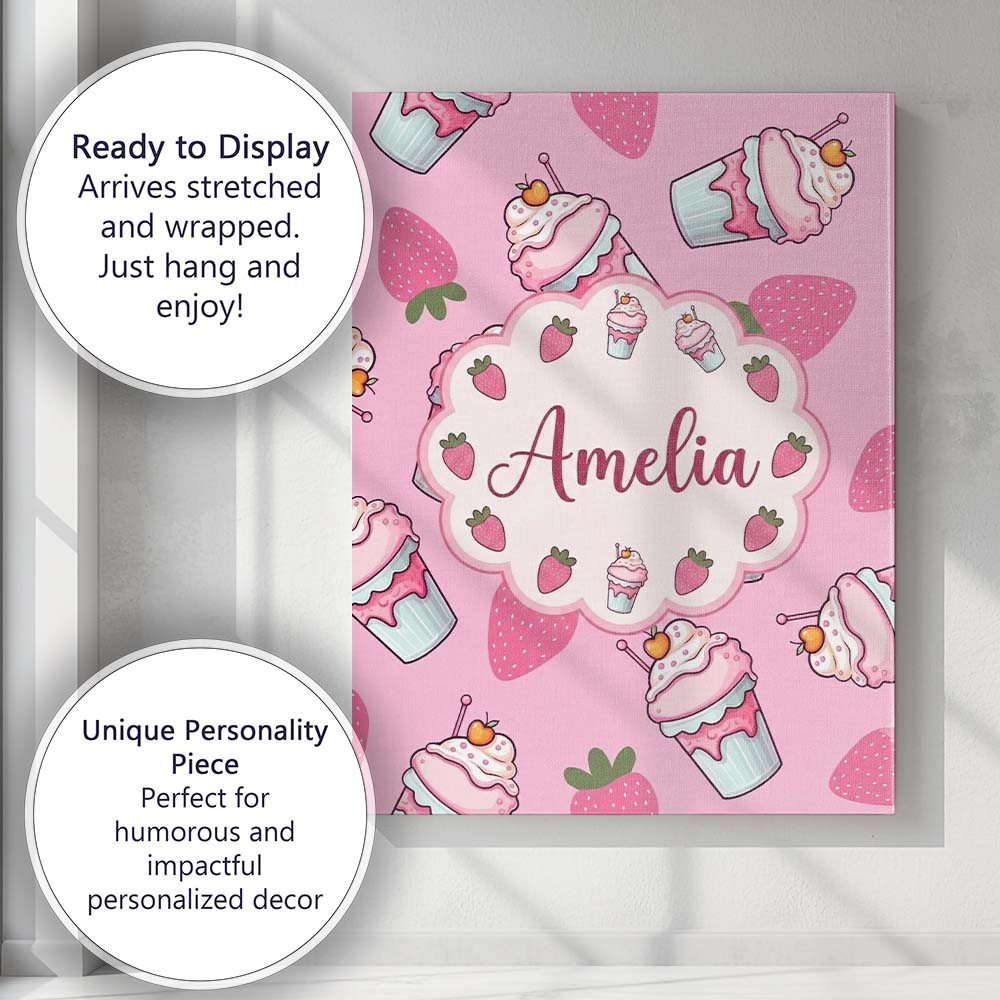 Personalised Name Cute Strawberry Milkshake Custom  Bespoke Interior Contemporary Canvas Wall Art Print Decor Picture Ready to Hang