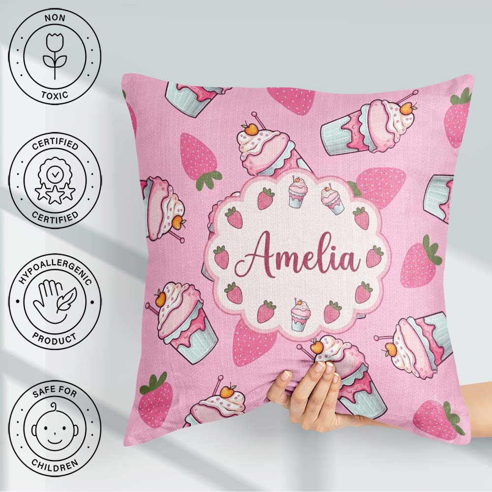 Custom Name Cute Strawberry Milkshake Cupcake Soft Pink Seamless Square Filled Cushion Throw Pillow Sofa Bed Home Decor Zip Washable UK Made