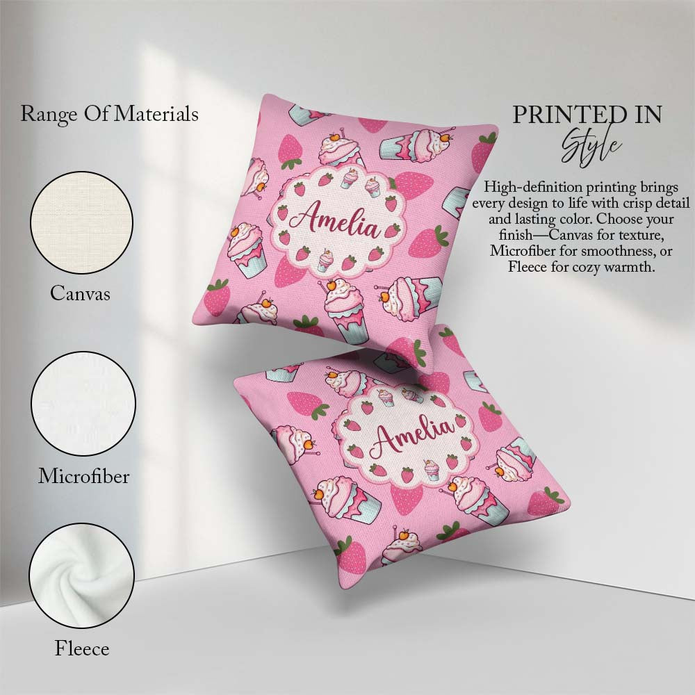 Custom Name Cute Strawberry Milkshake Cupcake Soft Pink Seamless Square Filled Cushion Throw Pillow Sofa Bed Home Decor Zip Washable UK Made
