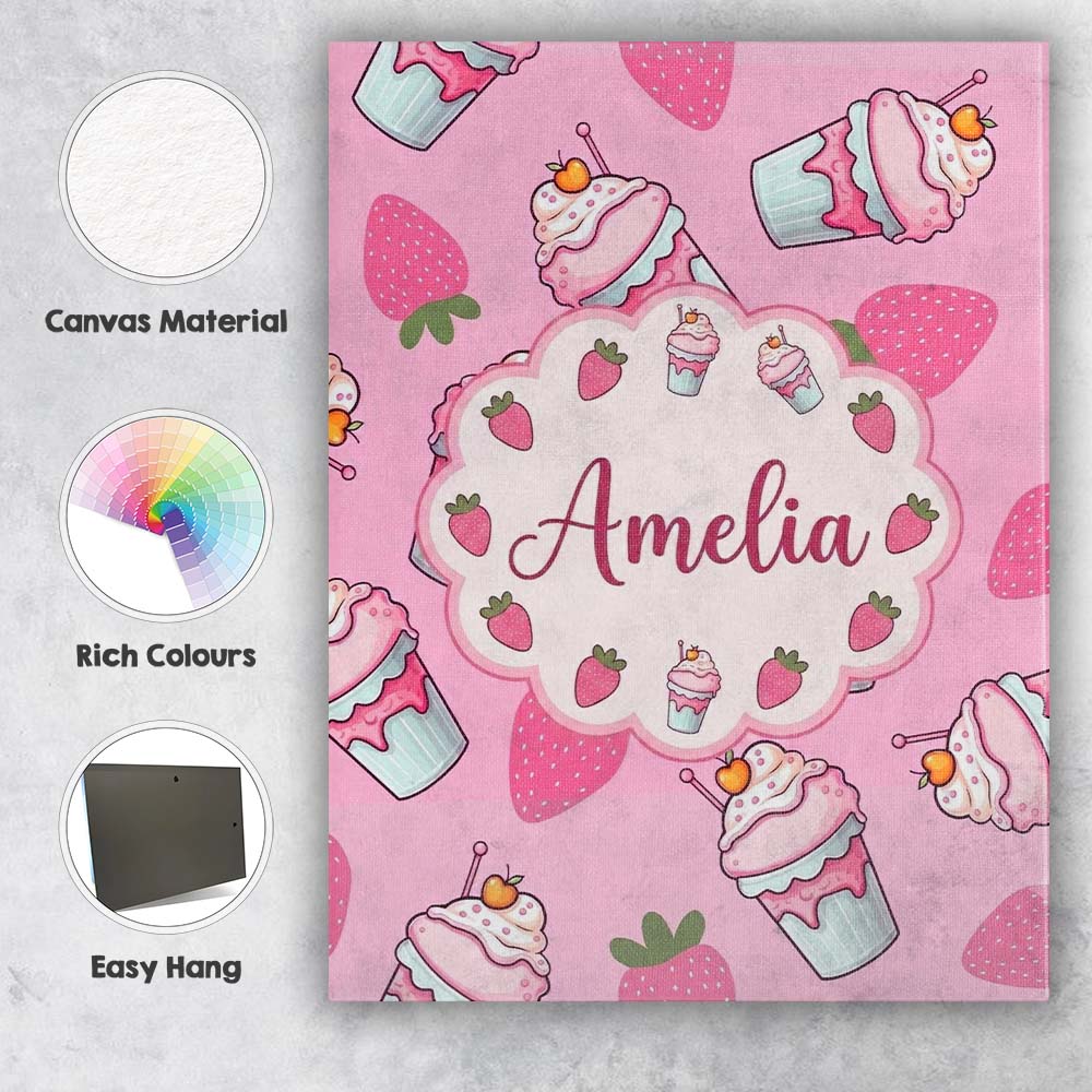 Personalised Name Cute Strawberry Milkshake Custom  Bespoke Interior Contemporary Canvas Wall Art Print Decor Picture Ready to Hang