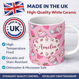 Personalized Custom Name Cute Strawberry Milkshake Cupcake Soft Pink Background Seamless 11oz Ceramic Coffee Tea Mug White Large Handle