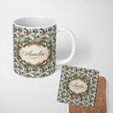 Personalized Custom Name Tropical Orchid Floral with Cream and Pink Blooms Soft Blue Lovely 11oz Ceramic Coffee Tea Mug White Large Handle