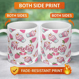 Personalized Custom Name Cute Strawberry Milkshake Cupcake Light Grey Background Seamless 11oz Ceramic Coffee Tea Mug White Large Handle