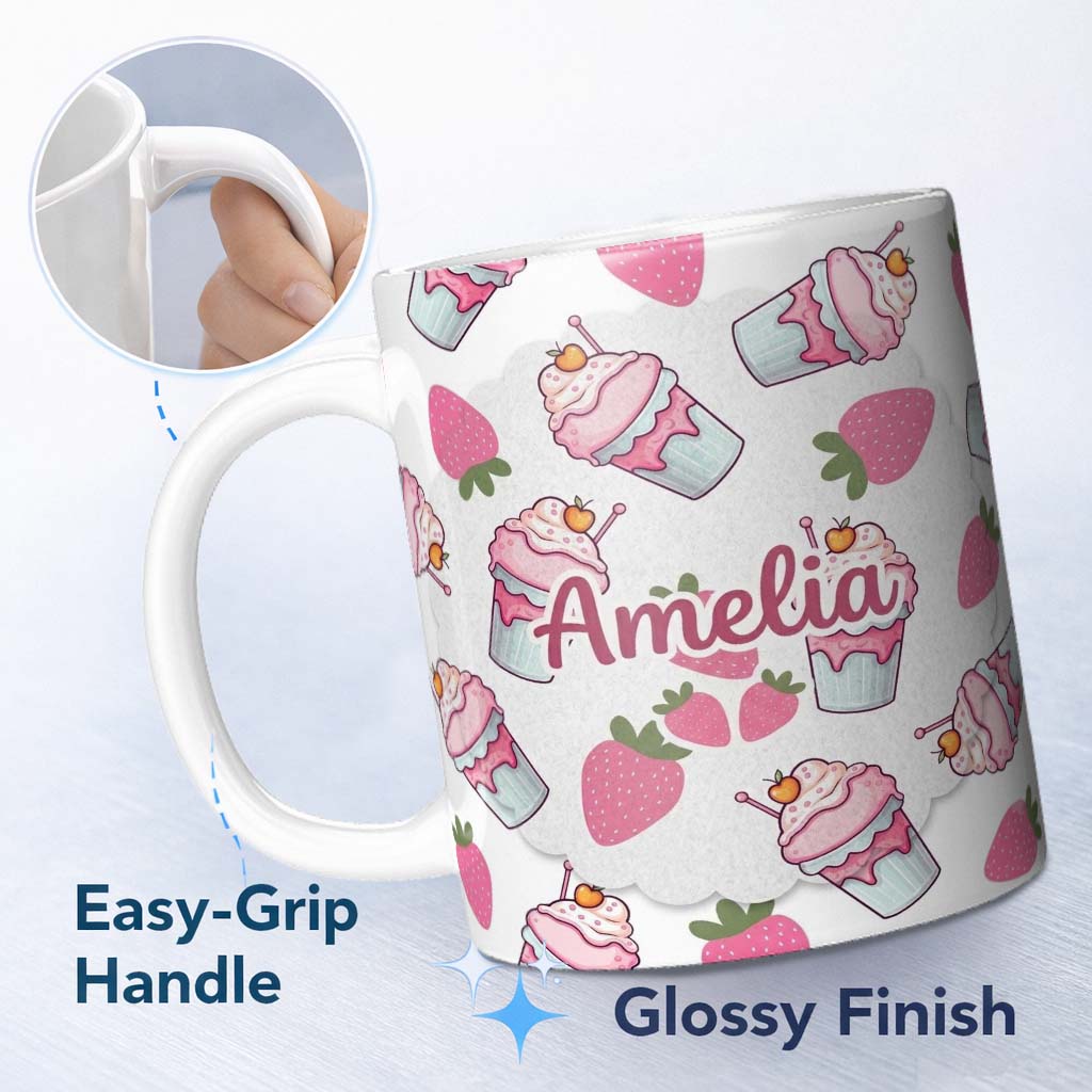 Personalized Custom Name Cute Strawberry Milkshake Cupcake Light Grey Background Seamless 11oz Ceramic Coffee Tea Mug White Large Handle