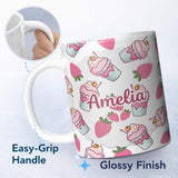 Personalized Custom Name Cute Strawberry Milkshake Cupcake Light Grey Background Seamless 11oz Ceramic Coffee Tea Mug White Large Handle