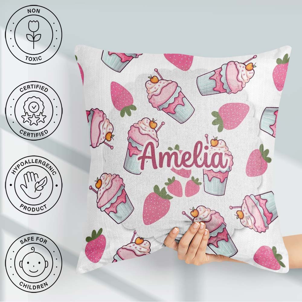 Custom Name Strawberry Milkshake Light Grey Background Seamless Square Filled Cushion Throw Pillow Sofa Bed Home Decor Zip Washable UK Made