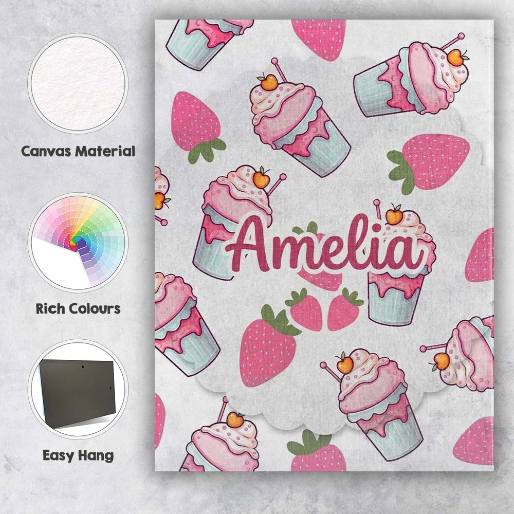 Personalised Name Cute Strawberry Milkshake Custom  Bespoke Interior Contemporary Canvas Wall Art Print Decor Picture Ready to Hang