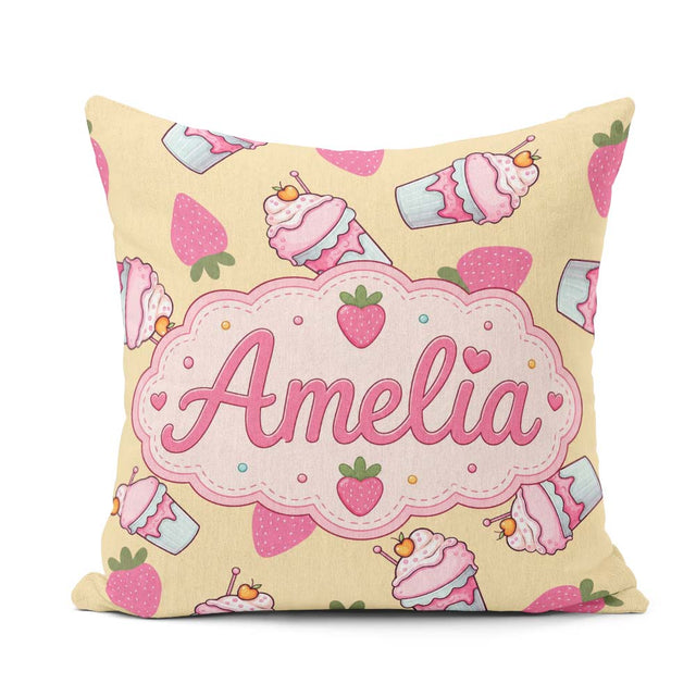 Custom Name Cute Strawberry Milkshake Yellow Background Seamless Square Filled Cushion Throw Pillow Sofa Bed Home Decor Zip Washable UK Made