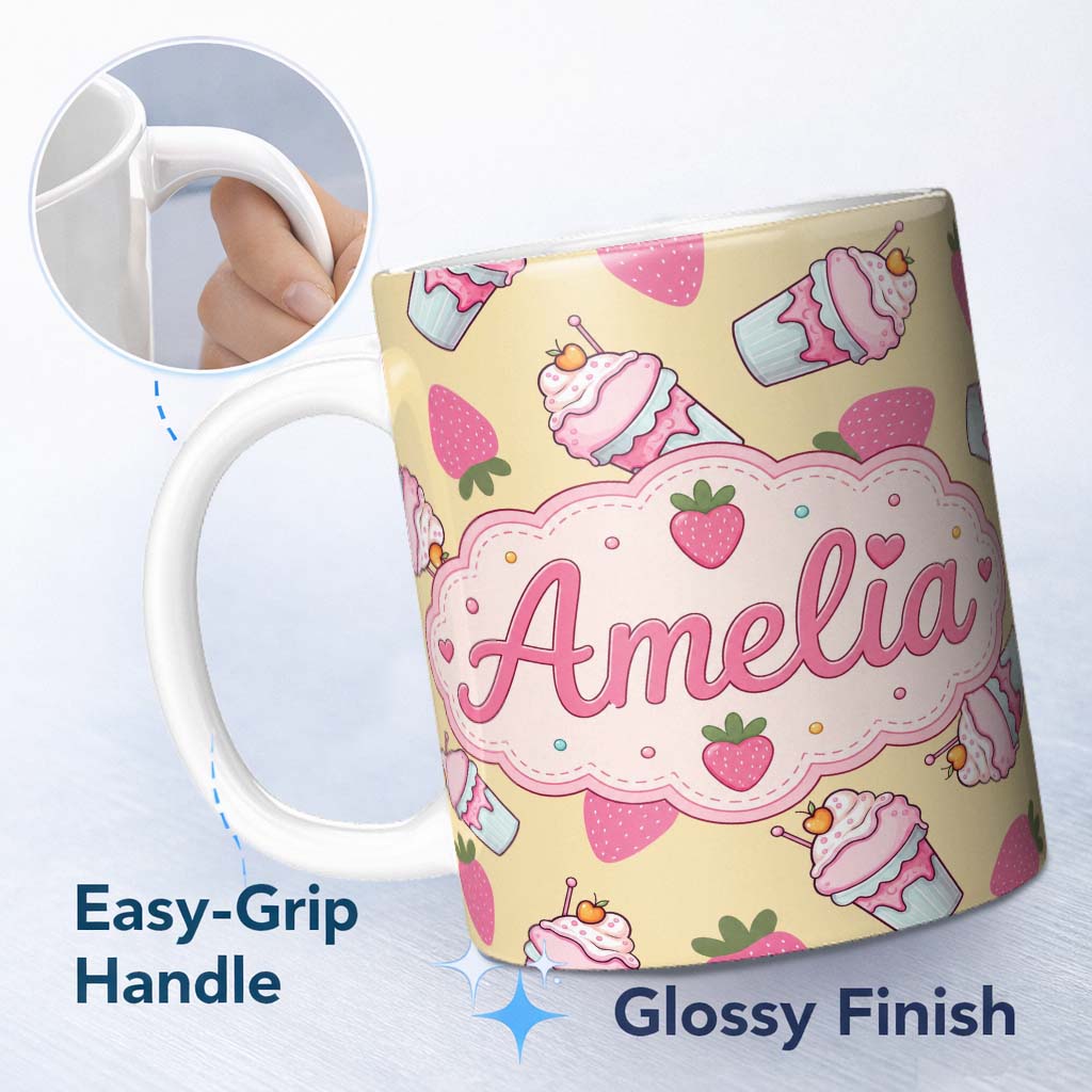 Personalized Custom Name Cute Strawberry Milkshake Cupcake Yellow Background Seamless 11oz Ceramic Coffee Tea Mug White Large Handle