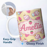 Personalized Custom Name Cute Strawberry Milkshake Cupcake Yellow Background Seamless 11oz Ceramic Coffee Tea Mug White Large Handle