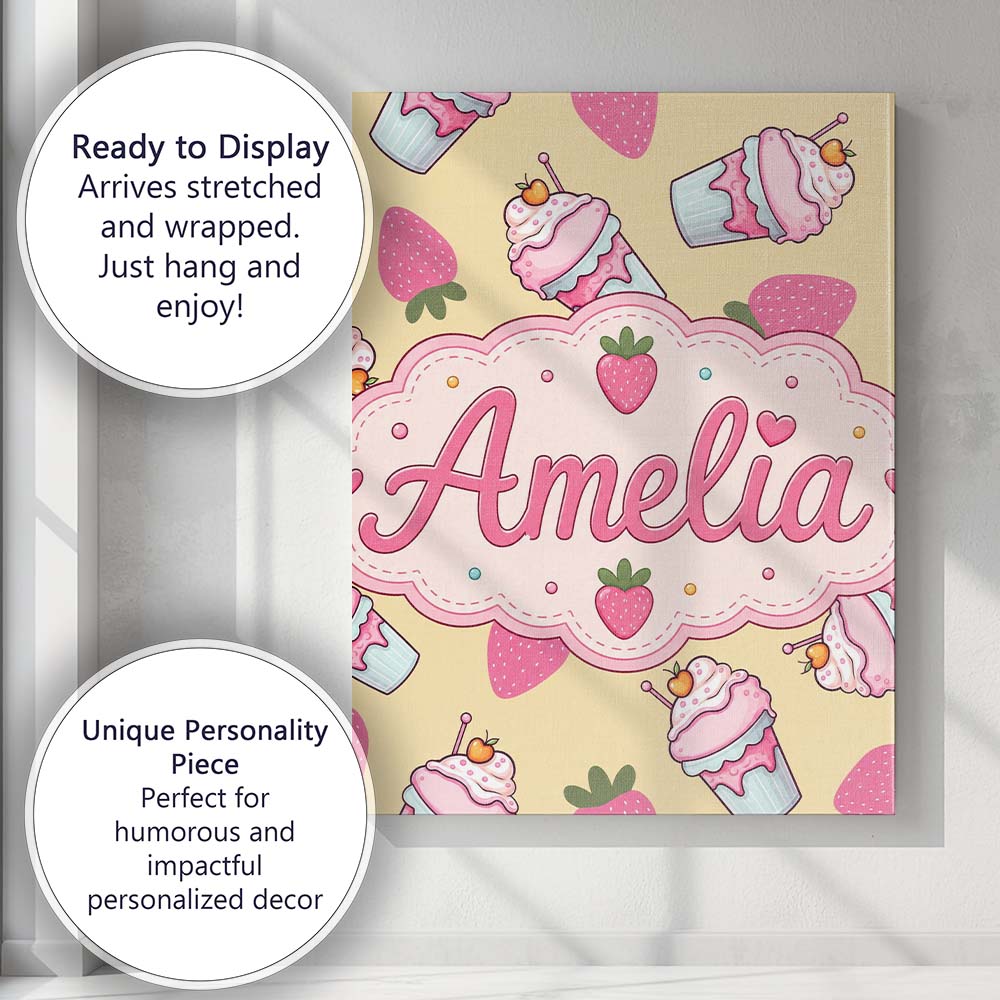 Personalised Name Cute Strawberry Milkshake Custom  Bespoke Interior Contemporary Canvas Wall Art Print Decor Picture Ready to Hang